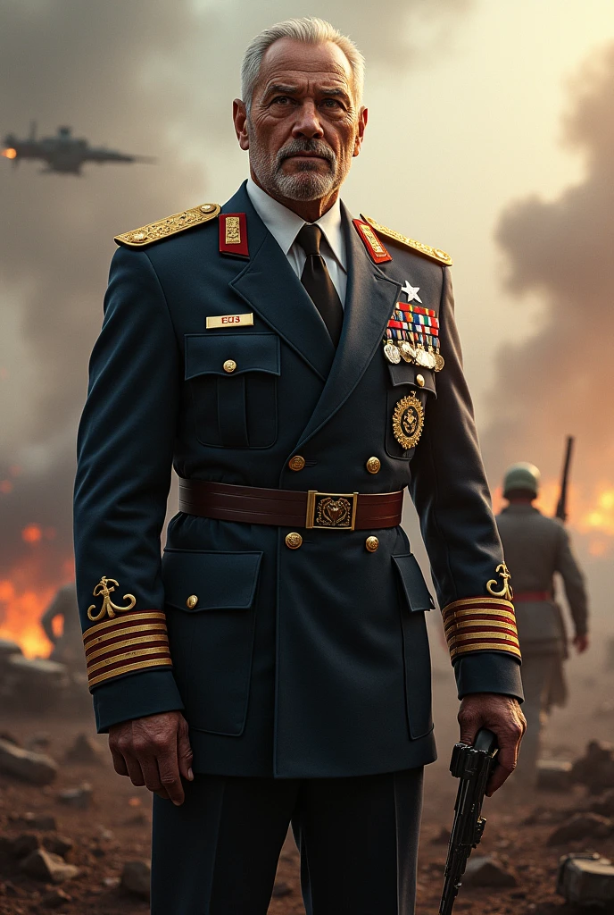 50 year old man, Her hair is short, auburn brown, Her eyes are almond-shaped, Her skin is white, Her expression is serious and kind, He is wearing his United States Army General uniform., Digital illustration of video game characters
