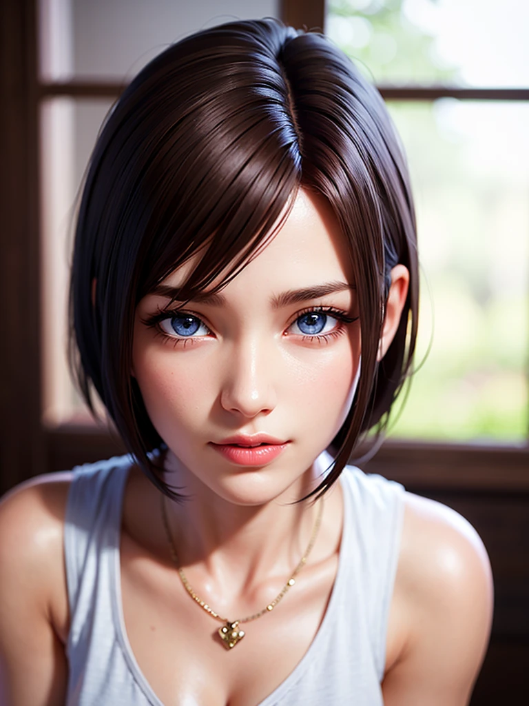 Leo de Tekken de sai curta preto, cabelos curtos loiros e olhos verdes claros, in a white blouse with low neckline and black bra, sorriso cativante, olhar sensual 