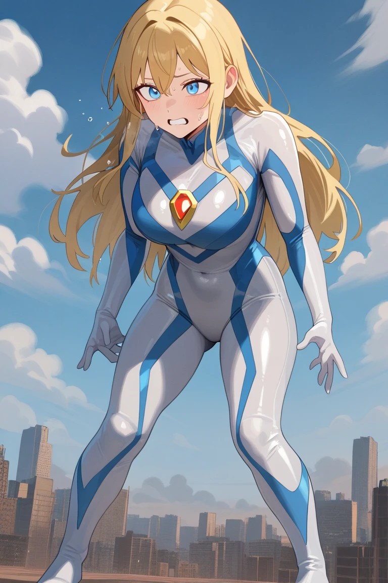 {{full body, dutch angle}} {{Artist: sincos} 1girl, solo, mature woman, middle-aged woman, long hair, blonde hair, straight hair, blue eyes, emotionless face, straight face, no smile, no emotion, ice powers, cyan spandex suit, blue cape, tall, large breasts, thick thighs, looking down at viewer, wearing clothes, ice crystals on arms, blue gloves, superhero, city background, muscular