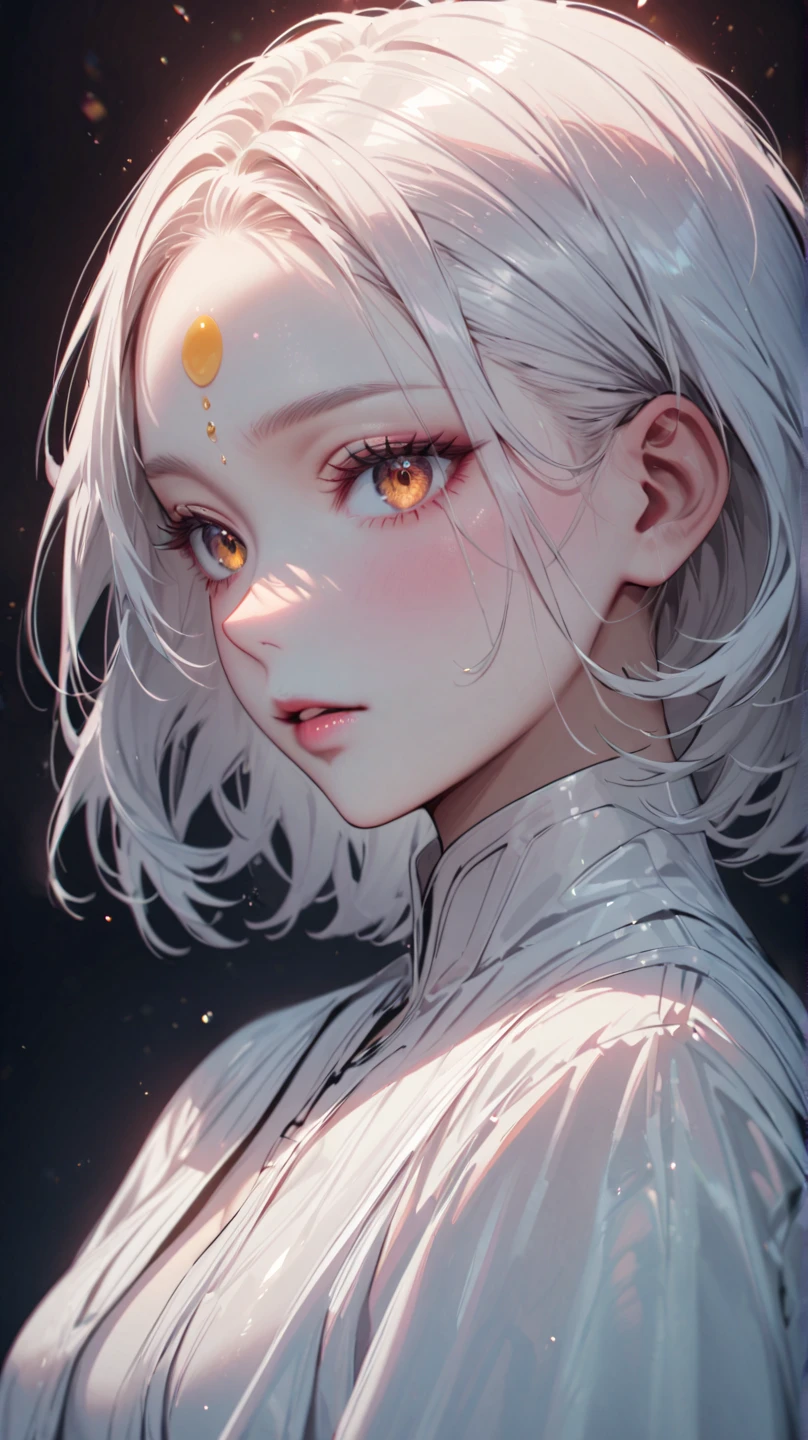 masterpiece, best quality, ultra-detailed, illustration,(1girl),beautiful detailed eyes, looking at viewer, close up, (breast focus), white short hair, shy, cat ears, ((glowing blue necklace)), moon in background, (blue and red eyes), thick lips, ((heterochromia)), small breasts, (turtleneck sweater)