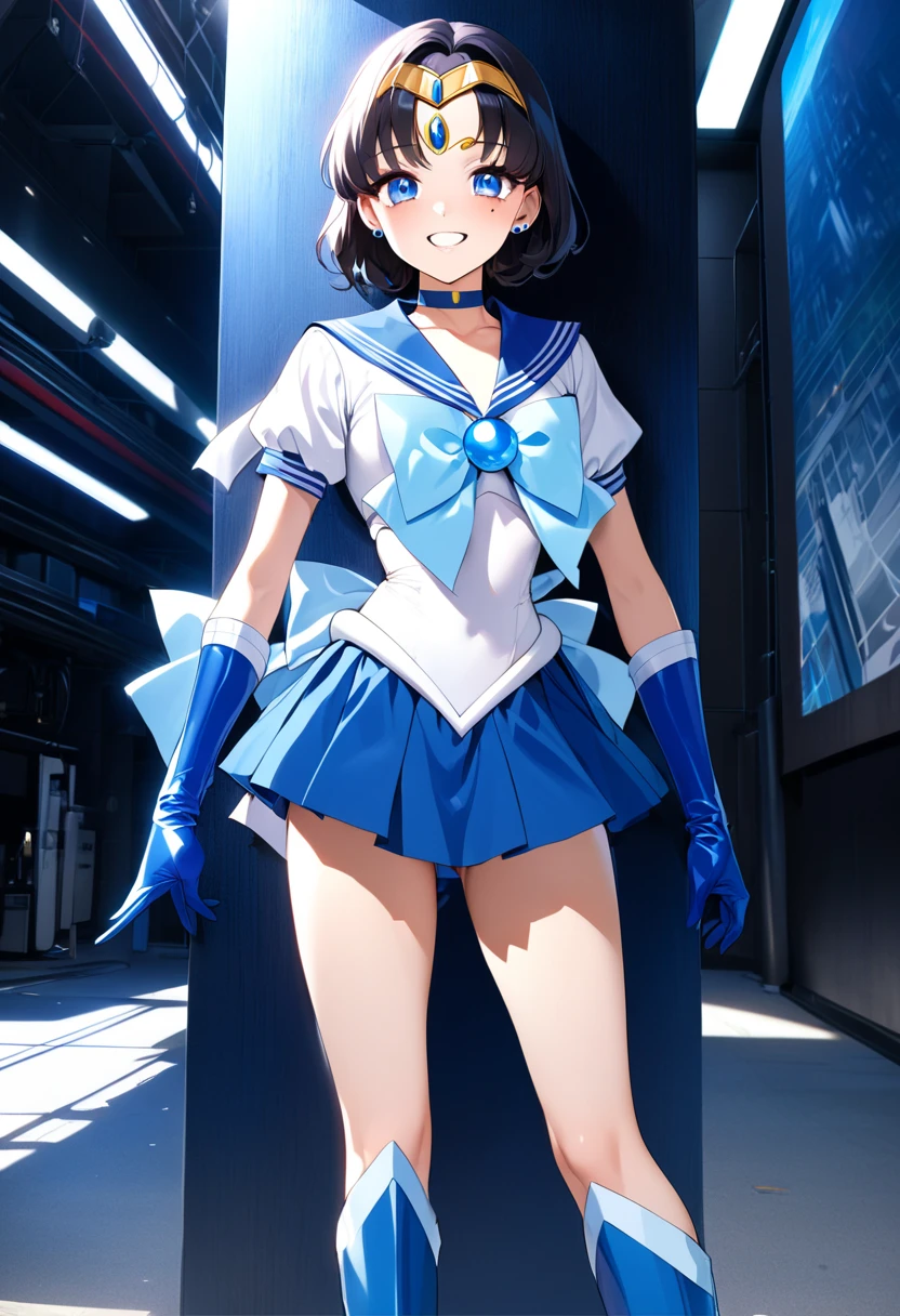 watanabe you, masterpiece, best quality, highres, 1girl, solo, superhero, leotard, bare legs, boots, matching boots, sleeveless, gloves, matching gloves, looking at viewer, city backdrop, blue and white leotard, standing, hands on hip, full body shot, smile, glowing body