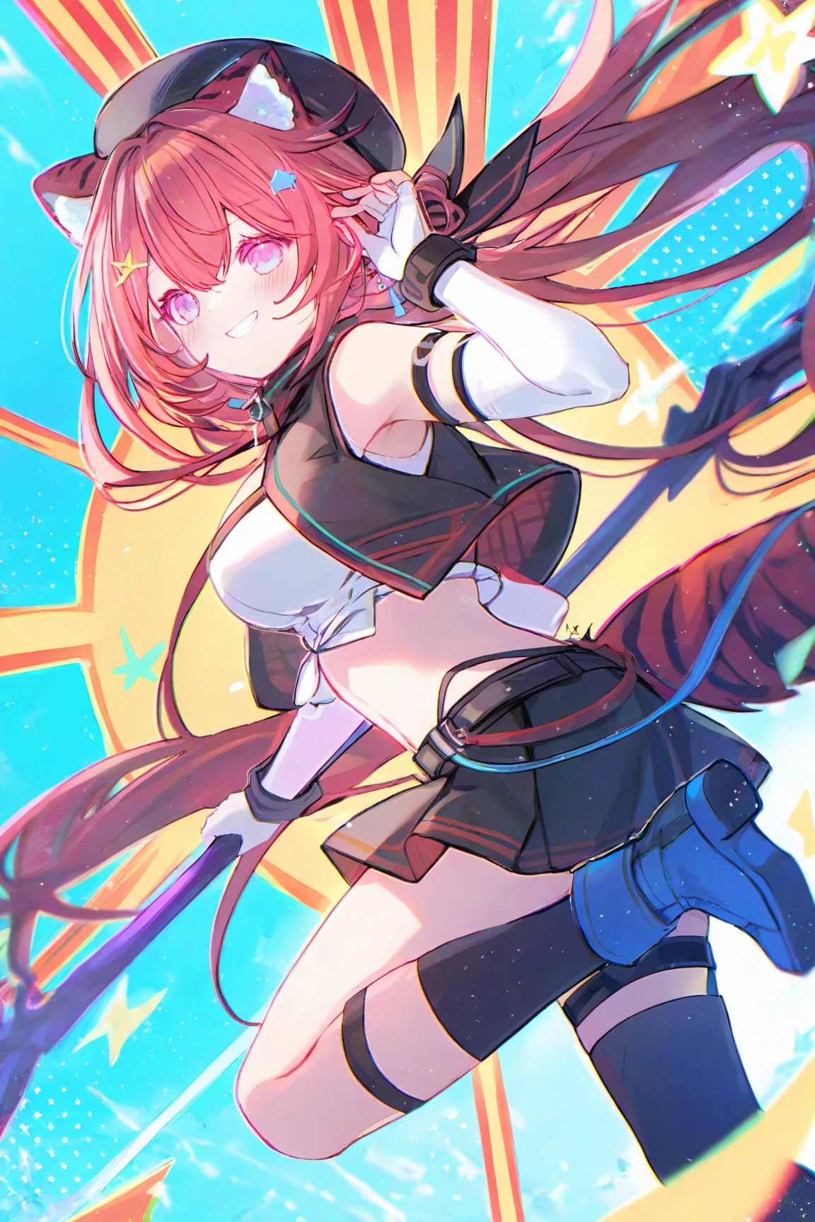 <lora:bourbon_cosplay:1>
(miniskirt, white leotard,elbow gloves,thighhighs,necktie:1.2)
<lora:mayano:1>
mayano top gun \(umamusume\), small breasts, tachi-e, dynamic pose, full body, horse tail, blush,smile