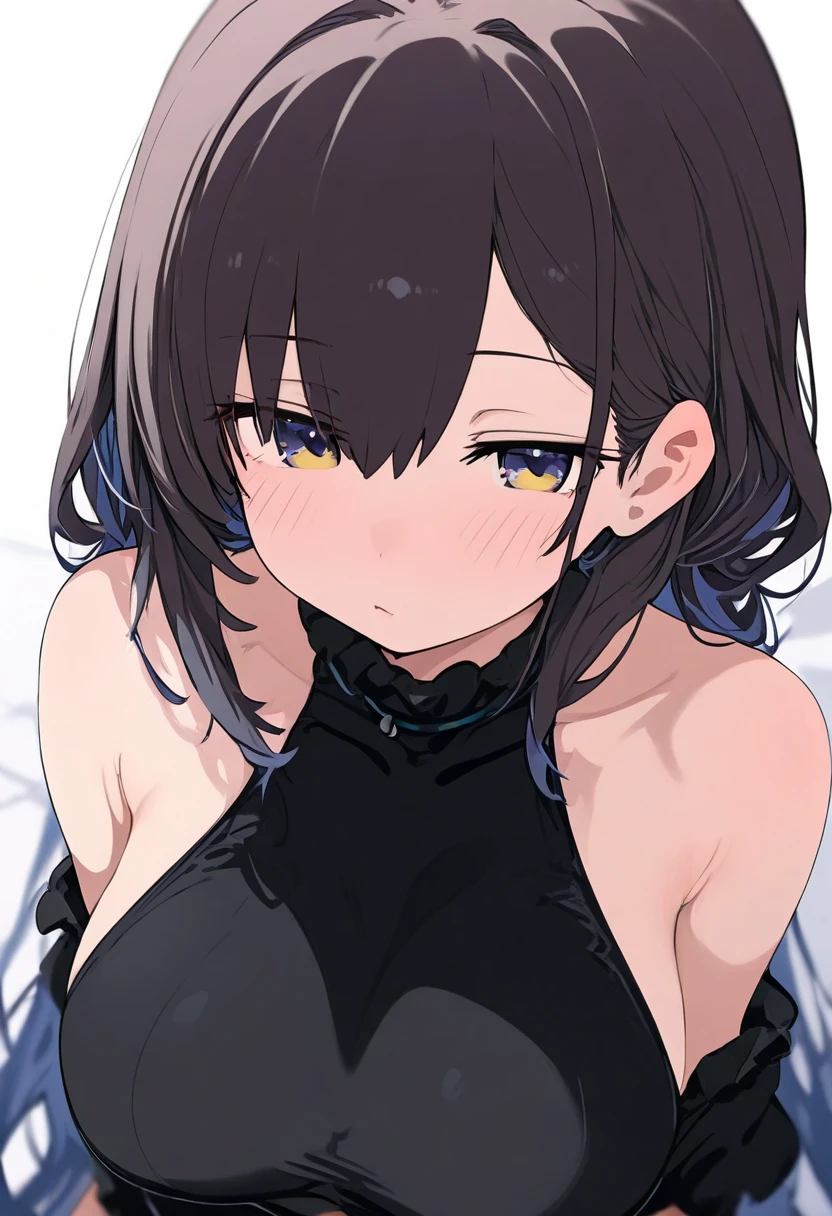 (8k、Best image quality、Highest quality、Accurate human body、Someone knowledgeable、Correct five-finger、4K - ultra-vivid、Highest quality, masterpiece, Ultra-high resolution, Detailed Background、The perfect background、
(Side view),
Oily skin, Glowing Skin、Realistic skin texture、Beautiful skin in every detail、Glowing Skin、Glowing Skin,
masterpiece)、
Black hair in twin tails、short hair、Wavy Hair、Blunt bangs、Purple eyes、Open your mouth wide、Stretching out the tongue、Drooping tongue、Open your mouth wide to show the inside of your mouth