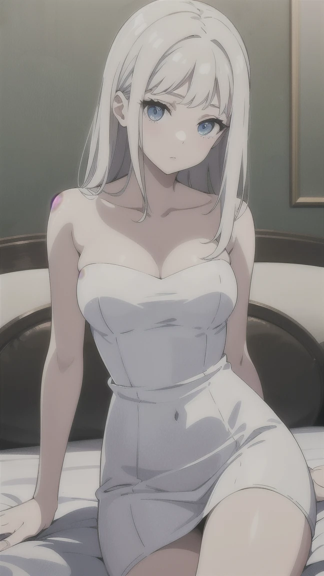 1girl, anime, cute girl, blank background, white background, fantasy, detailed dark fantasy dress with highlights, beautiful face, beautiful eyes, dark colors, silver hair, medium breasts, slight cleavage, beautiful skin, cute, breast curtains, extremely delicate and beautiful, (beautiful detailed face:1.0), (detailed deep eyes), symmetrical breasts, deep eyes, shiny skin, portrait, slender waist, hips wider than shoulders, thighs, young girl, expressionless