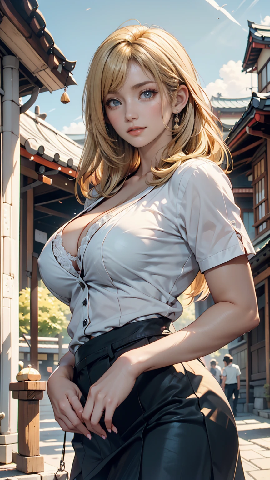 Good anatomy, tmasterpiece, Best quality at best, 4K, 8K, professional photoshooting, softlighting, Focus sharp, tropical garden, pathway,1 girl, eventide,Hands-on shopping bags,The breeze blows through,falling leaf,Blonde hair, The shirt, long skirt,flipflops,Blonde hair, Bank spin-offs, 详细的脸+Brown eyes, Had a great time,Slightly drunk,The face is red,Tsundere, Beauty mole,lipsticks, choker necklace, Colossal tits,
