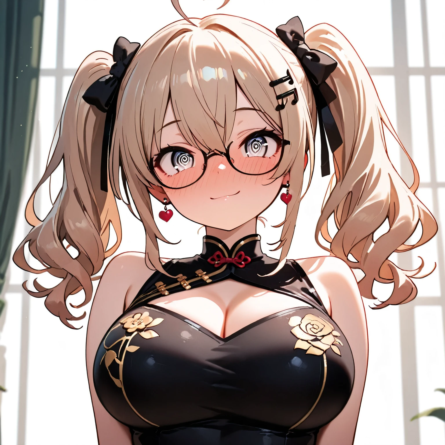(high quality, High resolution, The finer details), Sidewalk, Side view, alone, girl, Braided Hair, , Sparkling eyes, (large round frame glasses), (Fine grain), big breasts, ((A kind smile)), blush, Sweat, Oily skin, (Focus plane), Shallow depth of field