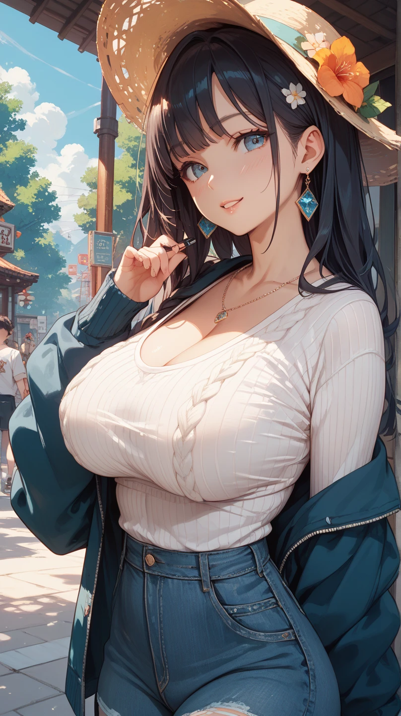 masterpiece,highest quality, Ultra-high resolution,(Beautiful woman:1.2), cute, cute face, (Natural skin texture, Realistic Skin), Photos taken by a professional photographer, Hair salon model, (Upward-facing chest, Beautiful big boobs:1.7),(blush, Happy:1.2),(enjoy:1.2), (Black Hair:1), (short low ponytail:1.2), Medium Hair, Sexy mole around mouth,Wet lips, (erupt:1.4), (Squint your eyes:1.4) ,((random color, off-shoulder shirt:1.5)), short skirt, 23years old,　（Cute café clerk),  kawaii , park, Angle from the side,  wonderful, Realistic Background,