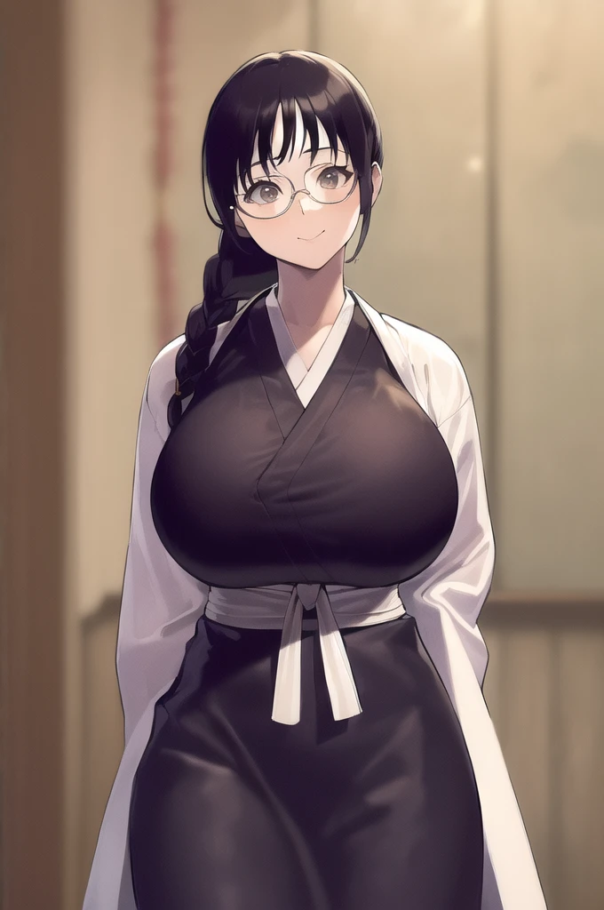 NSFW, Top-quality, Super high resolution, Anime style, masterpiece, best qualit, high resolution, 1girl, solo, glasses, single braid, japanese clothes, black kimono, (the large anime woman is opens her kimono with naked with her large breasts exposed, Big boobs, Voluptuous, Plump, Chubby:1.2), Thick thighs, Big ass, Eyes are glowing, Beautiful eyes, Her eyes are big, standing, arms behind back, (Japanese style, cowboy shot, Fullbody, Close-up body, Looking at viewer:1.1)