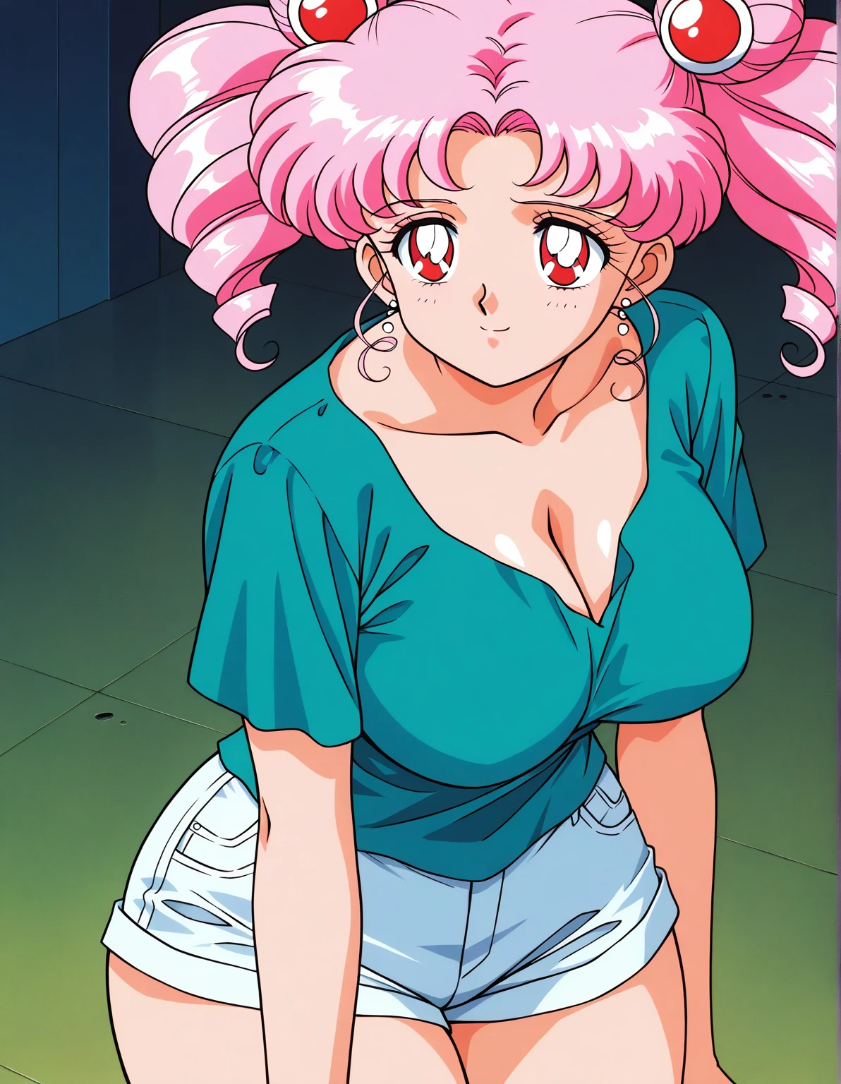 1girl, detailed face, afro hair, dark skin, looking at viewer, vibrant colorful, short sleeve t-shirt, pink hair, earring, white shirt, open mouth, deep v-neck, cleavage emphasis, focus on breasts, dripping on breasts, sweating, (:P:1.2), (full body:0.8), (thick thighs:0.9), (obese body:0.8), (fat thighs:0.6), (wide hips:0.8),