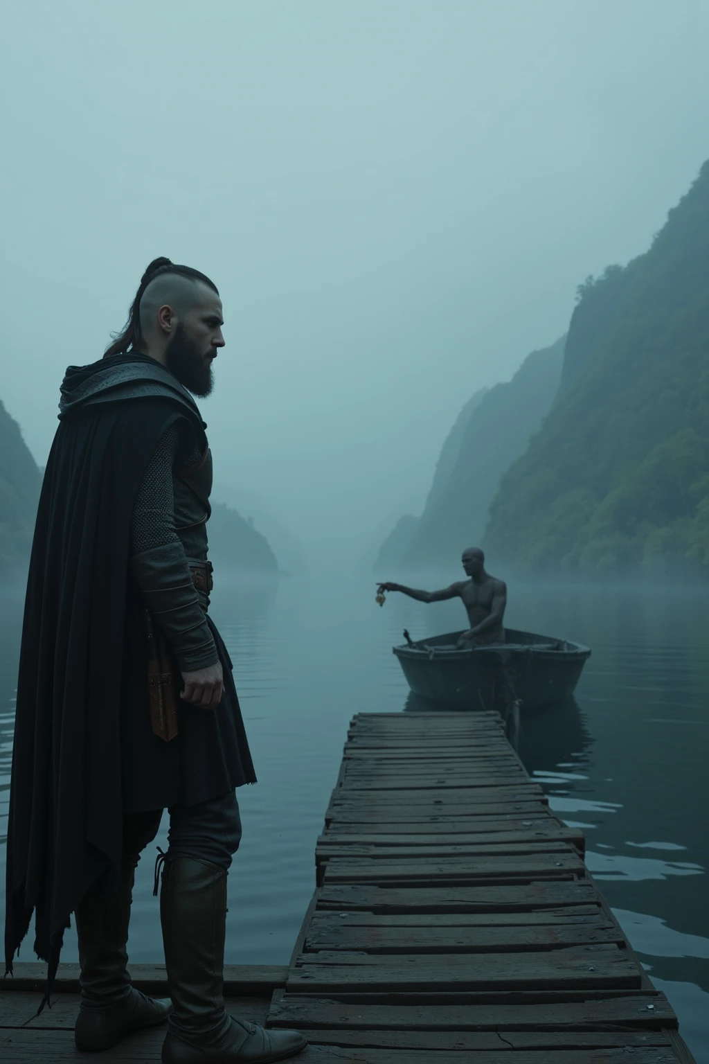 scene depicting a pensive, muscular old man as a ferryman across a huge lake in an underground cave. The old man is dressed in shreds of a black cape with a hood, revealing his muscular torso. He is standing on the boat leaning on an oar and seems to be waiting for someone. The shore of the lake is covered with stone rubble and bones of people and animals. The entire scene is illuminated by gloomy and mysterious light creating an interesting chiaroscuro.