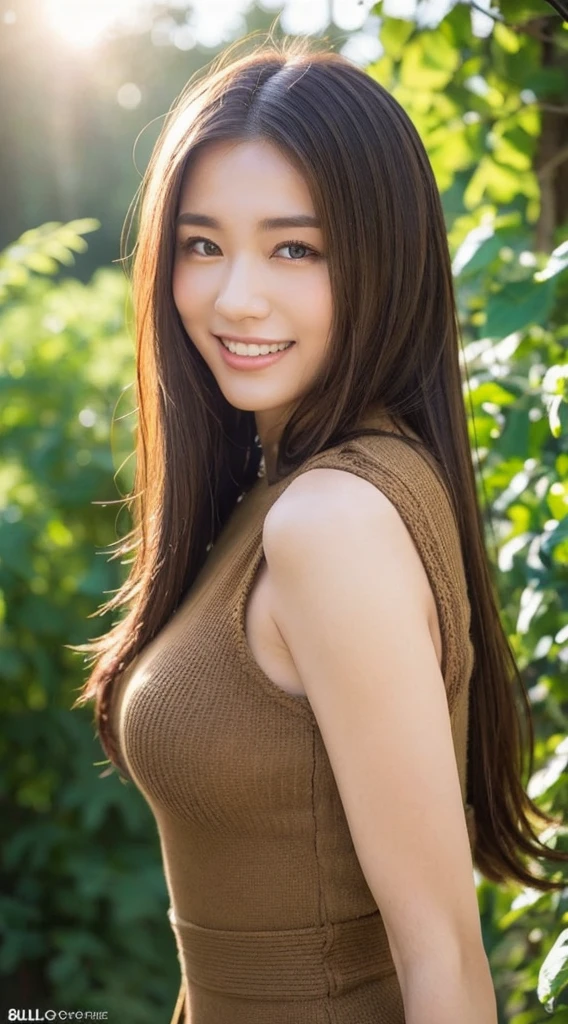 One girl, Long Hair, smile, Brown Hair, Open your mouth a little, Large Breasts, smiling, Big eyes