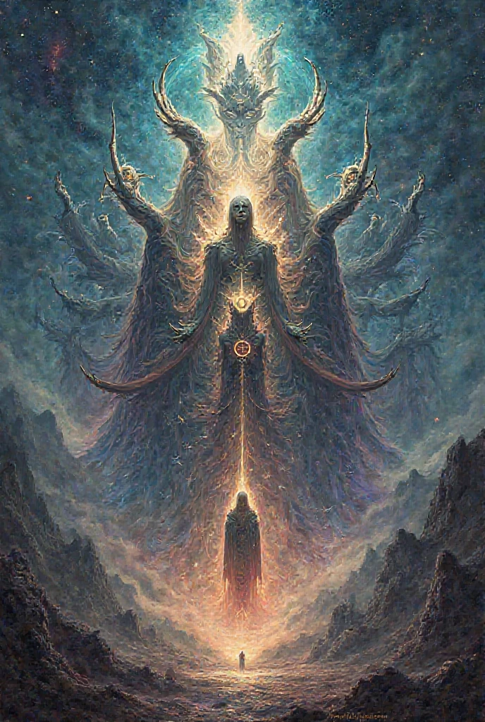 (best qualityer, ​masterpiece) Mystical man in the middle of the universe Astral body, deep meditation, Etheric atmosphere, Auric, mythological creatures in the background, star fog, bioluminescence
