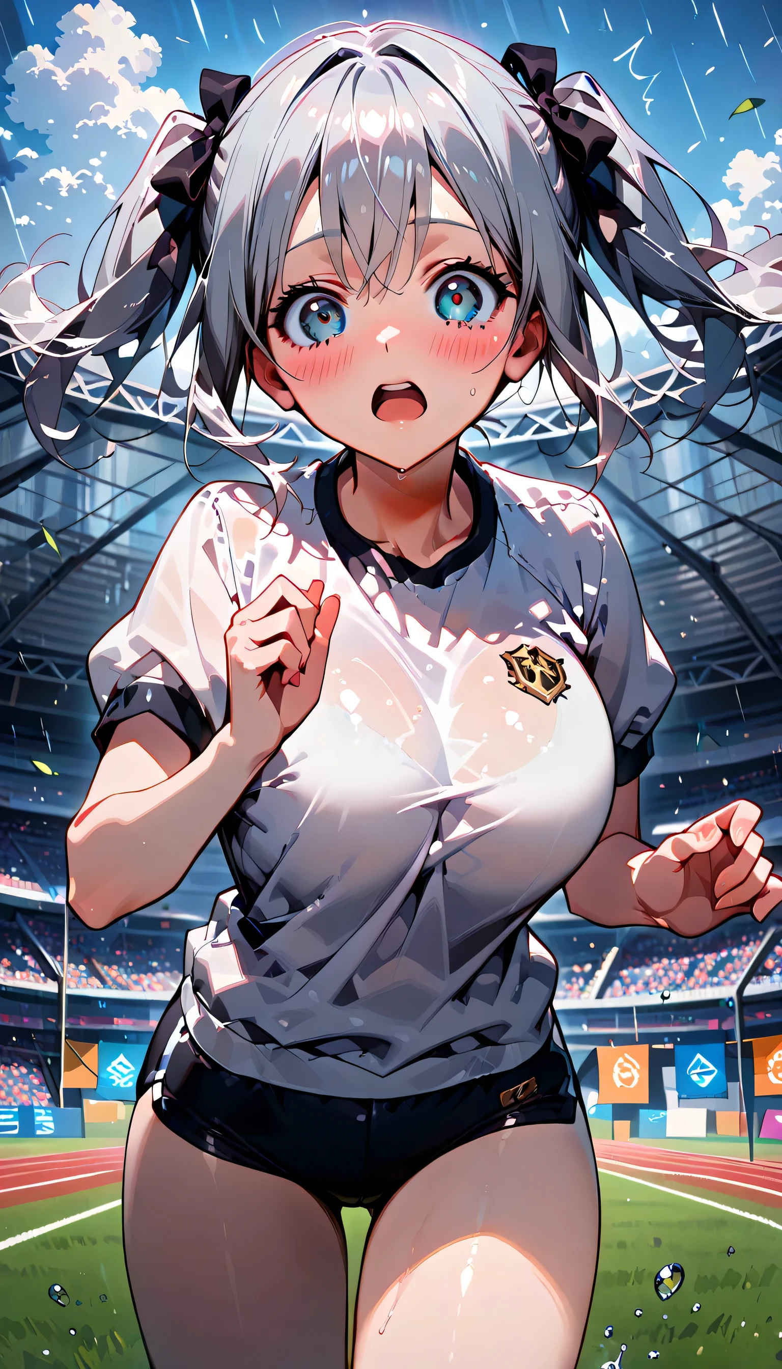 ((ultra-detailed)), (highly detailed CG illustration), (best quality:1.2), ultra-highly detailed, colorful composition, artistic photoshoot, 1girl, solo focus, ((thigh to top:1.4)), ((cowboy shot:1.4)), moe anime character, girl, dainty facial structure, (baby face), (round face), ((rounded chin:1.2)), ((ideal ratio body proportions)), celia-default, celia claire, (blue eyes), sparkle eyes, (silver hair color), two side up, (hair ribbon with red), ample breasts, ((white gymnastics uniform with green rim)), (navy blue school gym buruma), wet clothes, ((wet body)), serious, ((open mouth1.2)), ((full face blush:1.2)), ((surprised:1.4)), ((running on the school sports field:1.3)), ((raining)), from front, dynamic pose, contrapposto pose, best quality, expecting, pink cheek, blush, light pink gloss slip, portrait, depth of field, soft lighting, sidelighting, (shine), lighting, caustics, ray tracing, perfect face, lustrous skin, highly detailed face, highly detailed eyes, perfect face, perfect nose, perfect hair, perfect eyes, perfect anatomy, beautiful hair, beautiful small face, extremely detailed face, beautiful detailed eyes, beautiful clavicle, beautiful body, beautiful huge breasts, leavage, breasts squeezed together, equalize the size of the left and right breasts, beautiful thin thighs, beautiful legs, beautiful fingers, ((4 fingers)), 1 thumb, lovely, (very detailed background:1.0), (highly detailed background:1.0), rainy aesthetic, intricate details, rainy atmosphere, rainy colors palette, chromatic aberration