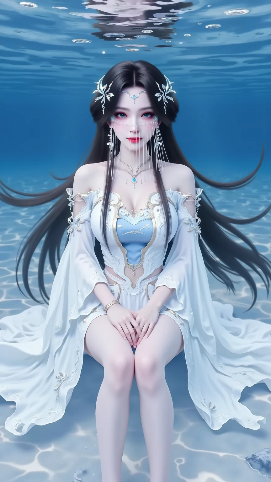 1 girl,bare shoulders,skirt,fish,jewelry,lipstick,long hair,cosmetics,necklace,sitting,alone,water,