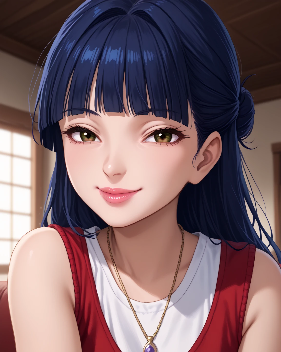 (perfect body XL: 1.5), (perfect body detailed: 1.5), (mature eyes: 1.5), dark brown eyes, narrow eyes, (mature eyes: 1.4), Anime girl-chan, xmusax, 1girl, blue hair, long hair, blunt bangs, single bun, black eyes, mature eyes, full lips, lips lips, lips, pink lips, narrow eyes, red headphones, (sleeveless white shirt, stylish necklace, red sleeveless short jacket: 1.4),anime style, standing, upper body close up, beautiful face, looking at viewer, solo, indoors, beautiful face, expressive eyes, looking at viewer, solo, close-up, sitting, sofa, indoors, scenery, dramatic lighting, seductive smile, natural face features