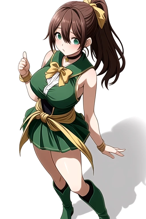 1980s, Retro,pc80,NSFW,Gold and green cheongsam with slits,One Woman, 27 years old, 28 years old, whole body,Full Art,Big Breasts,blush,smile,fine,Cute Liane, Chignon Cap,Chinese Taste,Brown Hair,Long Hair,Green eyes,Jade hairpin,Skirt flipped up by the wind,White color Micro pantie,Kicking movement,fighting pose,peace sign,Wink
