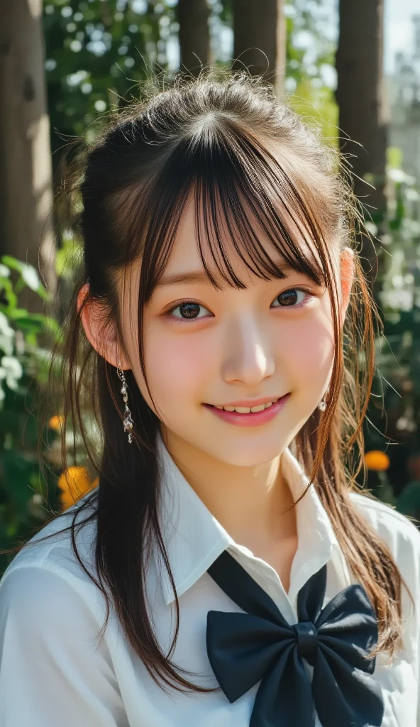 masutepiece, Best Quality, 8K, 10yaers old, , Raw photo, absurderes, award winning portrait, Smile, Solo, Idol face, violaceaess, Delicate girl, Upper body, Digital SLR, Looking at Viewer, Candid, Sophisticated,Thin arms, Professional Lighting, Film grain, chromatic abberation, (Eyes and faces with detailed:1.0), (Bokeh:1.1) , (pinafore:1.1) , closes mouth , hotels room