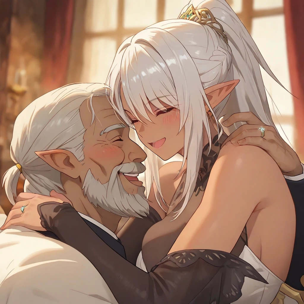 (masterpiece), best quality, expressive eyes, A short ugly old man with ugly dark skin, bold, and a petite build hugs and kisses a taller woman with pale white skin and a ponytail. The old man has a slim figure, while the taller woman is a milf and has a curvier plump physique. They both have different skin tones . Bigger woman and smaller old man. The old man kiss ,grabbed and squeezed the milf curvaceous plump huge fat ass.