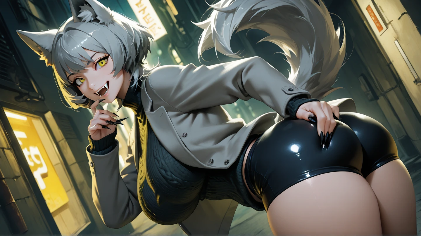 SFW, ultra 4k hd, absurdres, anime, naruto, white hair, neko, green eyes, ninja, short hair, chubby, medium breasts, messy hair, gray hair, cat ears, catgirl, nekomimi, cat tail, forehead protector, kunoichi, hair between eyes, silver hair, anime style, fullbody, eye scar, smiling, fangs, 1girl, naruto shippuden, solo, baggy clothes, alone, 1fang, fishnets, konoha, leaf village, village, katana