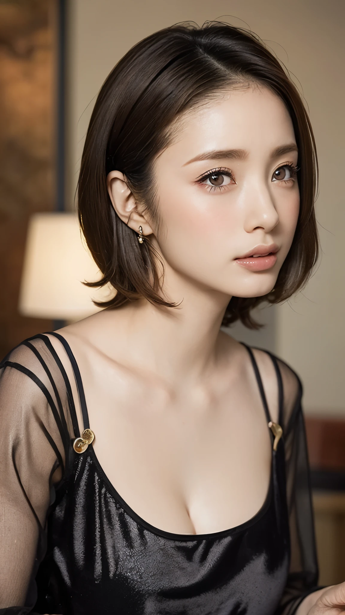 (Photorealistic, 32k, RAW photo, best quality:1.4), (masterpiece:1.3), (ultra high resolution, ultra realistic, highly detailed, golden ratio, ultra detailed), 1 beautiful woman, natural makeup, intricate cloth texture, finely detailed hair texture, beautiful full-body, perfect female form, anatomically accurate, highly detailed face and skin, (elegant hands), (realistic skin), (beautiful pale skin:1.1), (extreme close-up:2.0), (Oversized Breasts), (Wearing blue Slip Dress:1.5),
BREAK,
realistic eyes, captivating detailed eyes, symmetric eyes, light brown eyes, double eyelids, thin eyebrows, (glossy lips:1.4), (kissable expression, blush:1.3),
BREAK,
((short bob cut, dark brown hair, bangs:1.2)), (Late Night, Moonlit night, Castle balcony:1.3)