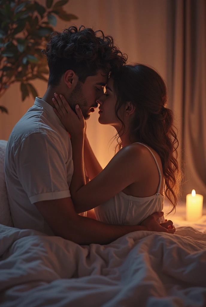 (best quality, highres, portrait), passionate, young boy kissing woman, lips touching, hugging tight, blushing intensely, eyes closed, bed, night time, candles lit