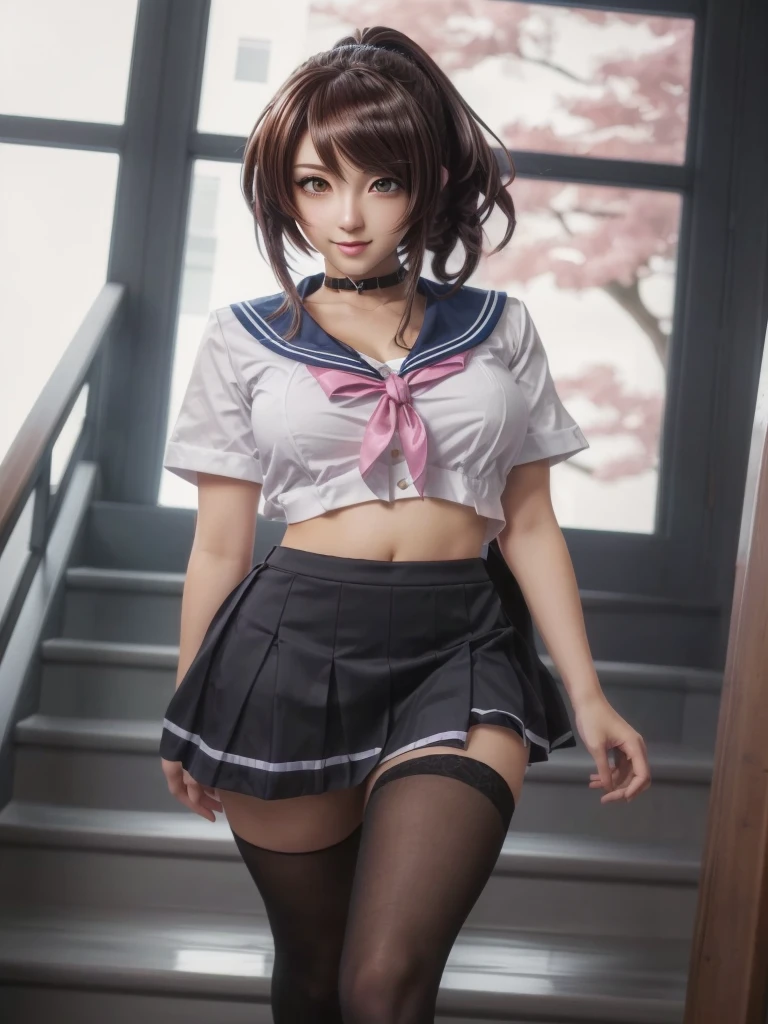 Kujikawa Def,Twin tails,school uniform,Seraph of the Black,Long sleeve,skirt,Knee socks,jewelry,Earrings,Straddle,
Highest quality, Very detailed, masterpiece, Absurd,8k,   photoRealistic, Realistic,Detailed skin texture,Detailed pupil,High resolution,Natural light,
One girl,alone,(Happy:1.1),(smile:1.2),short hair,Brown Hair,(Angular face:1.2),Shining Face,Large Breasts, Tight waist, Lip Makeup,Wet shirt,Spread your legs,(I can see her panties:1.5)Front T-back,valley,Bra is visible,(Orgasm:1.5)