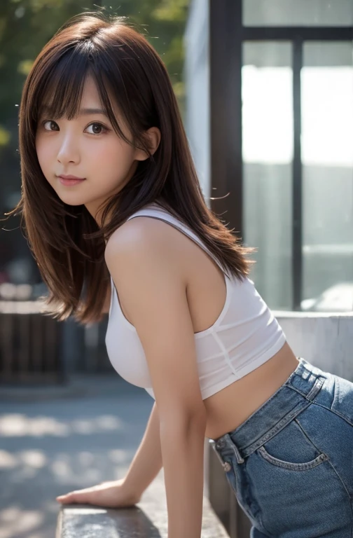 girl、High school girl naked from the waist down、High school girl uniform on the upper body, Squat、sit、(Brown Hair)、Dear Viewers,、、Urinating:1.6、Pee、(Shy expression:1.2, blush:1.2)、Exposed female genitalia、alley, (Beautiful breasts, Small beautiful butt, (Detailed eyes and face:1.2, Professional photography techniques), (Highest quality, 8K, masterpiece:1.2, RAW Photos), (Detailed legs, Thin thighs), (Detailed feet, loafers), (Detailed hands, Beautiful little hands of a girl:1.3)