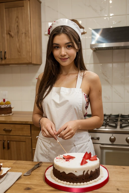 A beautiful young woman, slender, healthy, with a happy and satisfied expression, wearing an elegant dress, in a homely kitchen, preparing healthy food, detailed portrait with intricate details, cinematic lighting and warm colors, soft focus, delicate facial features, delicious hair, elegant pose, inviting and professional environment