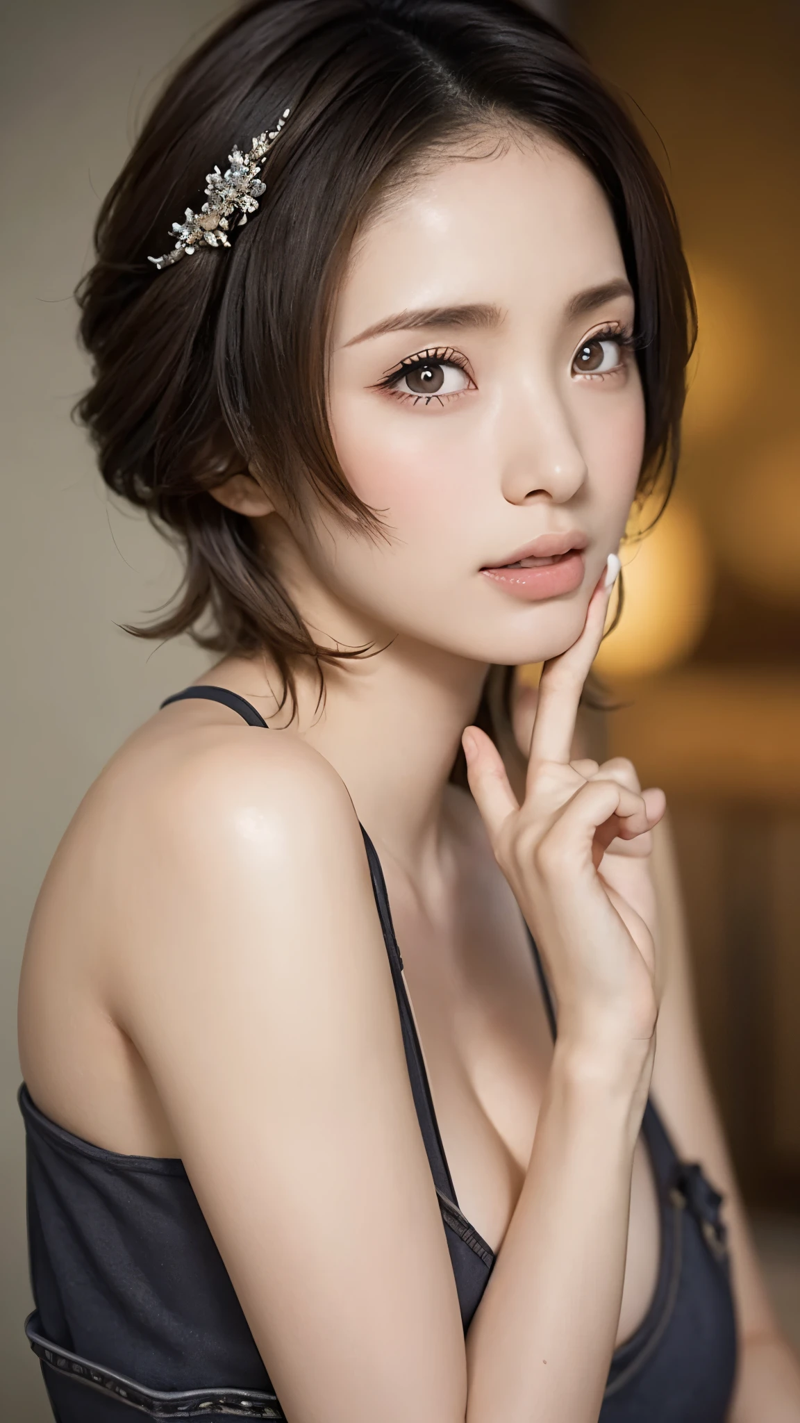 a beautiful girl,Age 35,bob cut,sexy black lingerie,supermodel,hard makeup,masterpiece,brown hair,detail,,slender body,average japanese mature face, Very detailed指, (8K, RAW Photos, Highest quality, masterpiece: 1.2), Super detailed, Super Resolution, (Genuine, Genuine photos: 1.37), Portraiture, High-resolution RAW color photos, Professional photos, Very detailed and beautiful, Very detailed, 8K 壁紙, Amazing details, Large file size, Official Art, Very detailed CG Unity 8K 壁紙, Very detailed beautiful girls, Very detailed faces, Very detailed目, Very detailed肌, Very detailed鼻, Very detailed口, Perfect Anatomy, Detailed Background, , (35:1.2),cute Girl, Realistic body, White skin, Glowing Skin, The body is slim, cute, Realistic Face, Delicate eyes, Sale Eyes, ((superior)), ((((short hair)))), Earrings, Looking into the camera, Cowboy Shot, Look forward, Dynamic Lighting