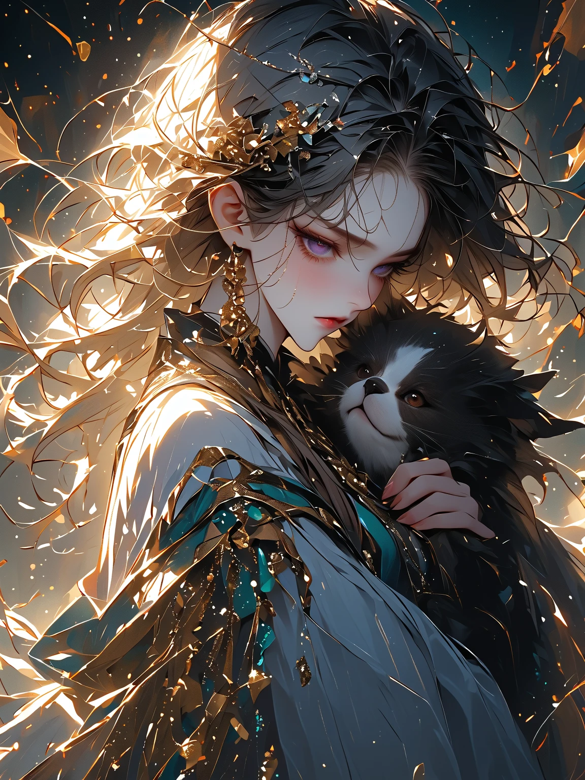 there is a woman with a crown and a cat in her hand, fantasy art style, by Yang J, artwork in the style of guweiz, 8k high quality detailed art, by Li Song, detailed fantasy art, in style of dark fantasy art, detailed fantasy digital art, loish and wlop, epic fantasy art style, digital fantasy art )