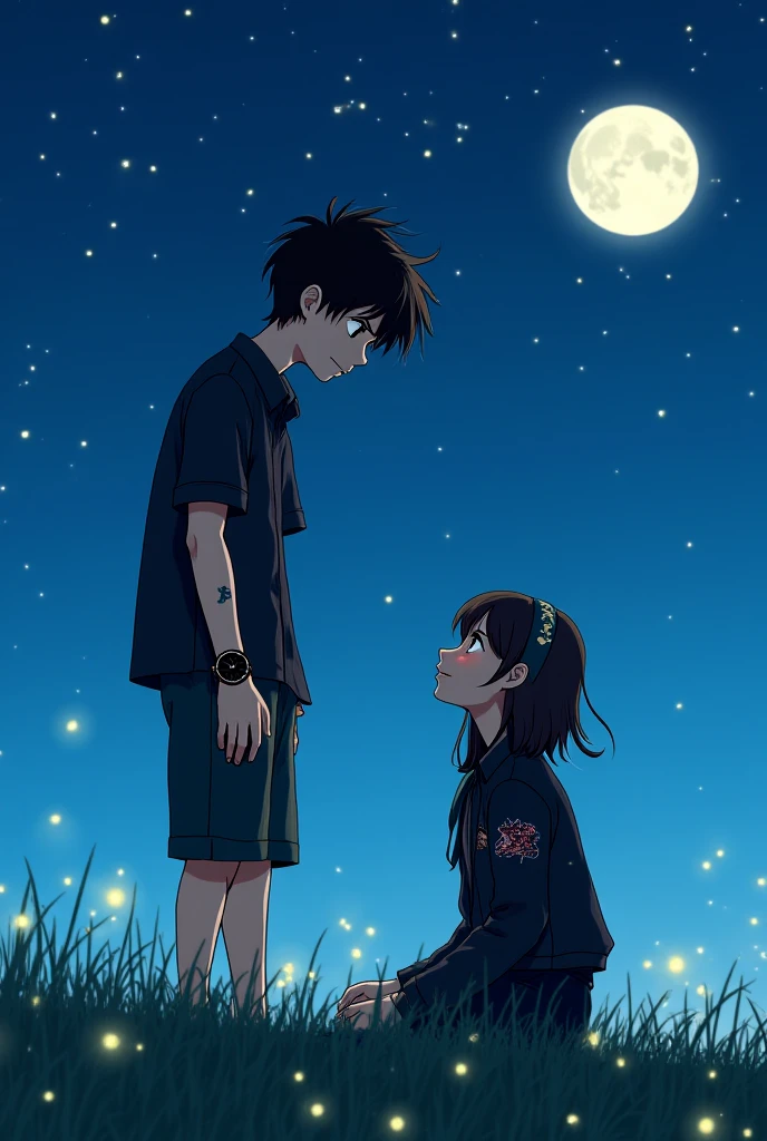 A girl and a boy sit together on a field path.It is night the moon shines and illuminates the path on which the two are sitting. She is thin and beautiful and has brown eyes and brown hair.the boy is also beautiful and has dark hair and dark eyes.The boy shows her the stars and talks to her.she looks at him from the side and seems in love.She wears a white skirt,blue shoes and a pink top.He wears white shoes ,white pants and a black shirt.harmonie