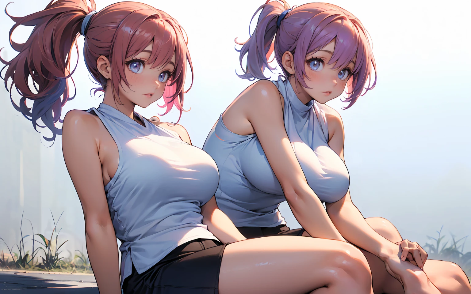 (in 8K, Best Quality, masutepiece:1.2), Best Quality, 超A high resolution,game cg、Natural lighting,kawaii、Cute、2girls、(Yuri:1.5)、((Standing black hair girl:1.2)、huge tit、a smile、adult-like、big sister、Tall、See below、breast grab) and ((Sit up:1.2)、Pink-haired girl kissing on thigh、Lori、short stature、blushed face、shame、hug、Look up、girl trembling with sexual climax)、(Girls facing each other)、(Girls staring at each other:1.2)、track uniform、track and field uniform、sports bikini、sport bra
