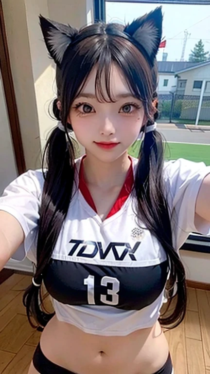最high quality,Very detailed,finely,High resolution,8K壁紙,Perfect dynamic composition,Young Japanese Woman,Age 25, Black Hair, thin, 4K, 8K, high quality, beauty, smile, White teeth,Beautiful Eyes, Characterized by simplicity, High resolution,1 person,Japanese Idols,Large Breasts,ponytail,Landmine Makeup,Red cheeks,whole body,Soccer uniforms,
