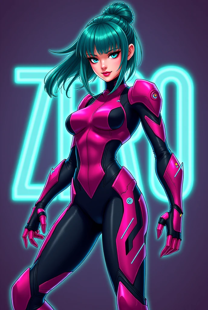 dark skin woman, green eyes, red hair, purple outfit
