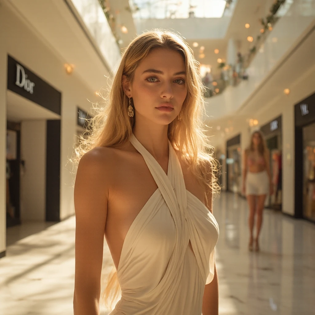 belle femme blonde, realist, taille L dans un centre de shopping portant une robe simple, plus seize body
