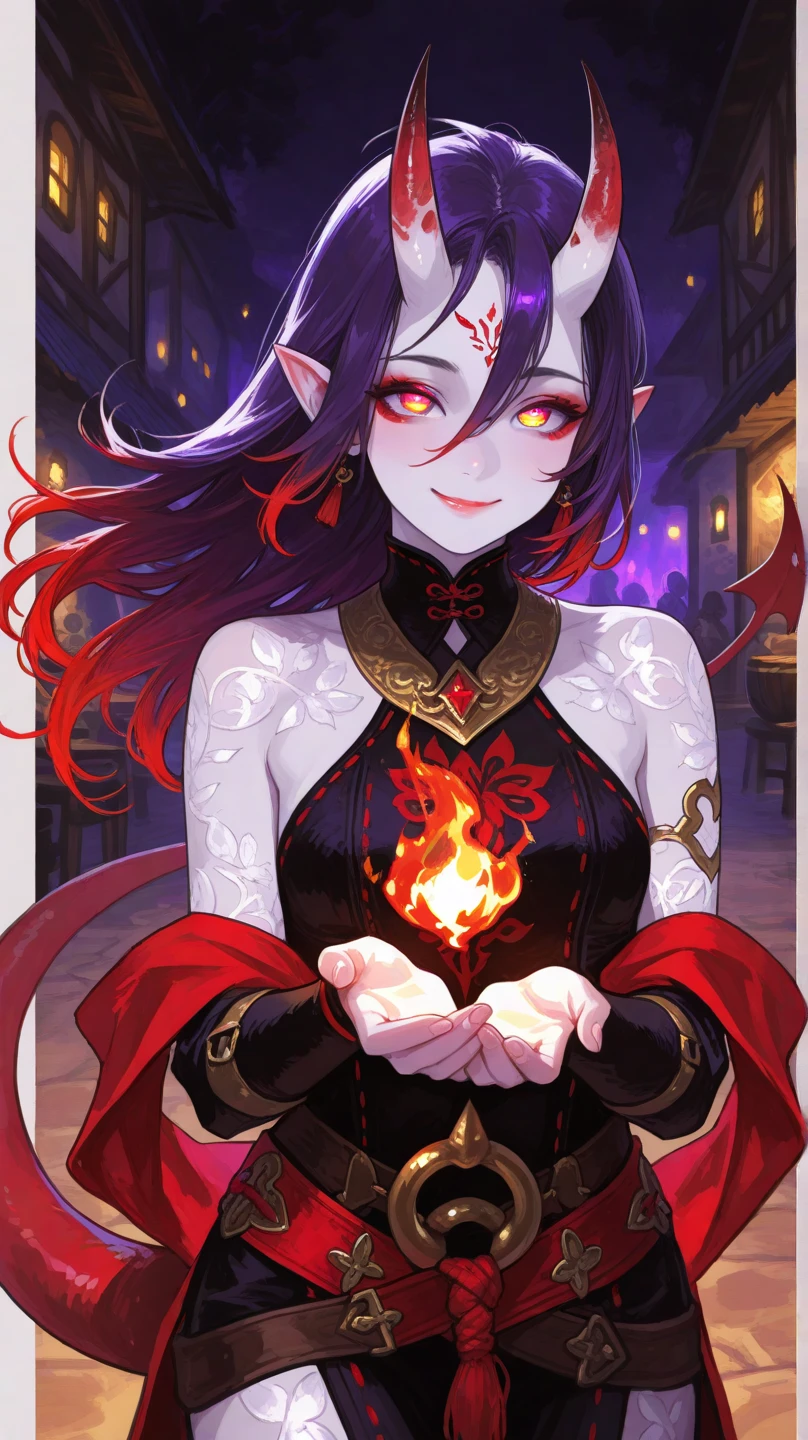 1 magician woman, very pale skin color, expressive black eyes, elf ear, black hair, dressed with a red drape, using his fire magic , full length portrait , mystical dungeon interior atmosphere in background, detail richness, masterpiece, best quality