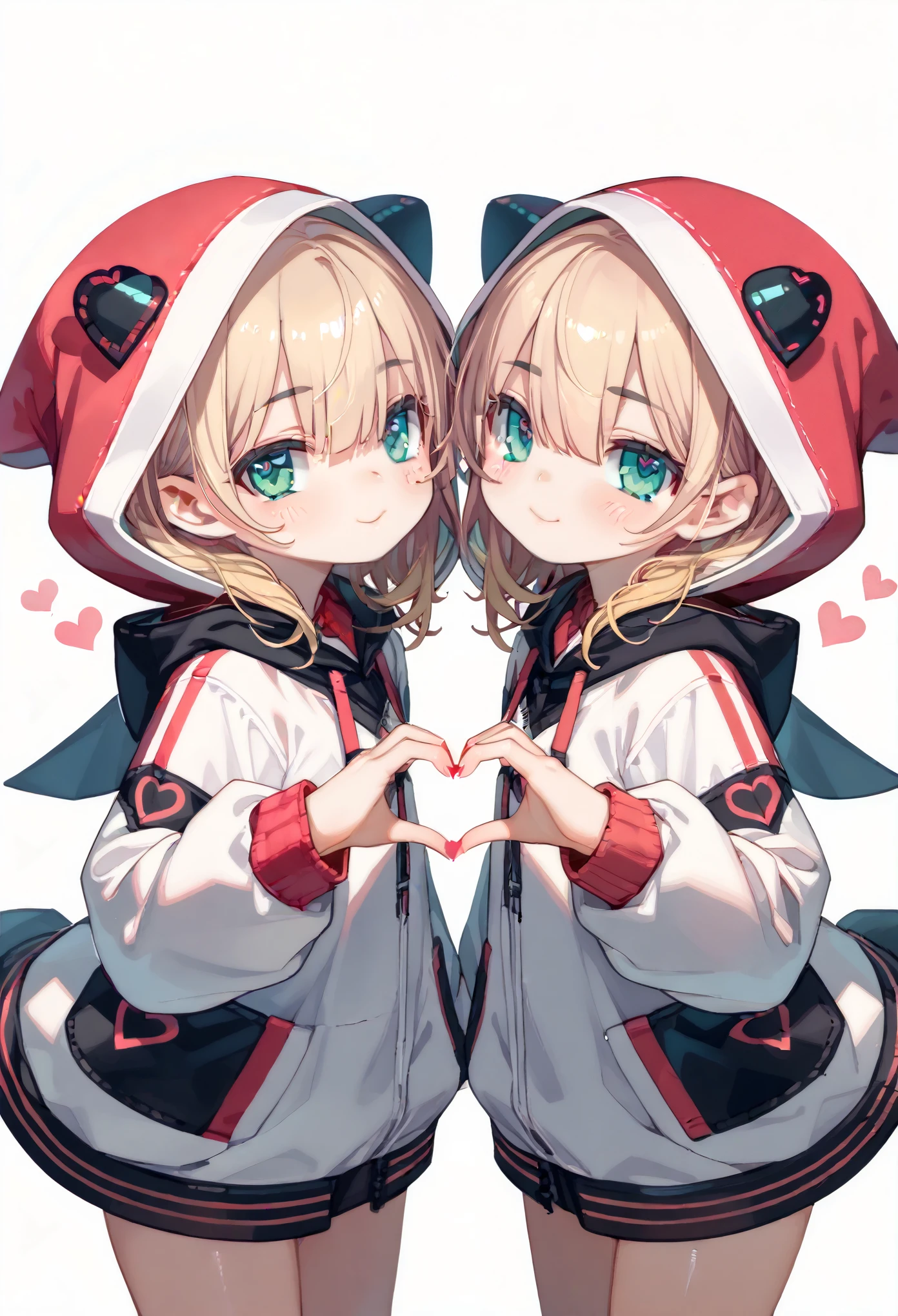 Chibi character style, 2 girl, twins, looking at viewer, symmetry, (heart hands:1.3), simple background, hood up, hood over eyes