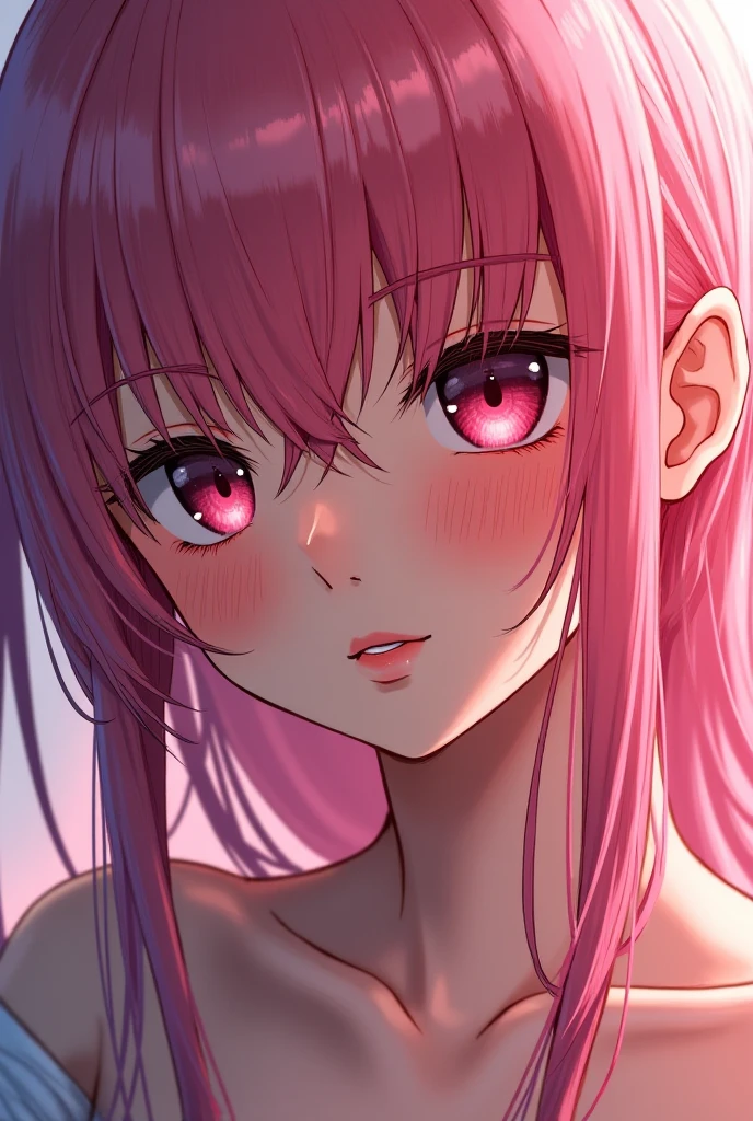 A girl like Sakura from Naruto, green eyes, pink hair, 20 years old, little breasts, half naked
