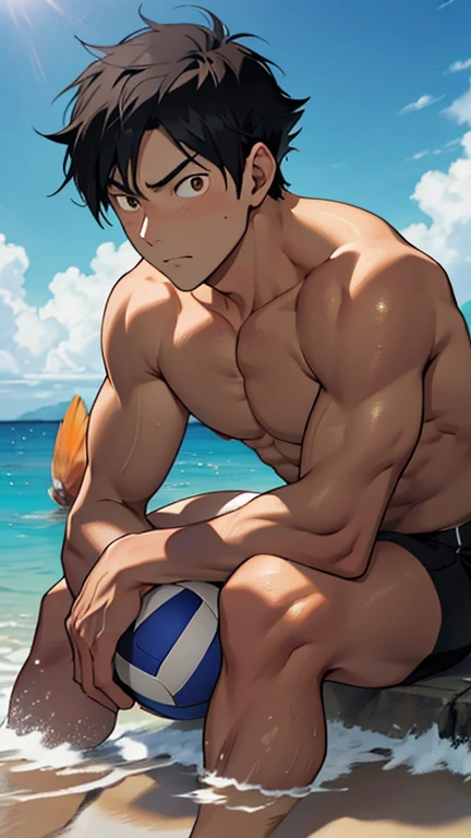 Desnudo, speedo, playa, cuclillas,
