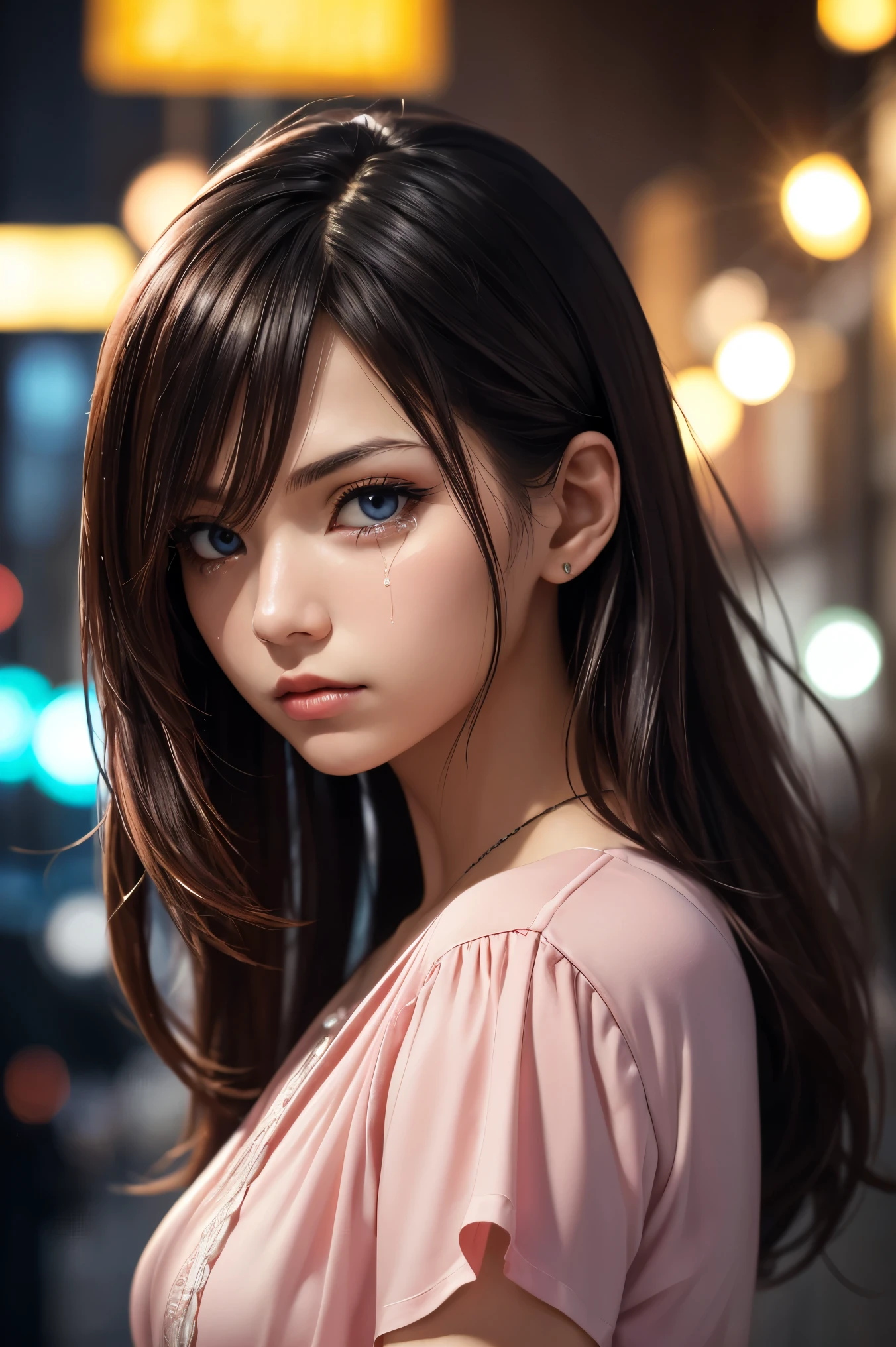 (Best Quality, masterpiece, colorful, Dynamic Angle, highest  details)  upper body picture,  Cute Fashion Photography, Dark short pink , (超high resolutionテクスチャ), Dynamic Poses, Bokeh, high school girl (複雑なdetails, hyper details:1.15),  details,mysterious gaze staring at a man you like who suddenly appears、almost crying、Things don't come up, Perfect night , Fantasy Backgrounds, (Official Art, extreme  details, highest  details), high resolution+ Bad move - 5