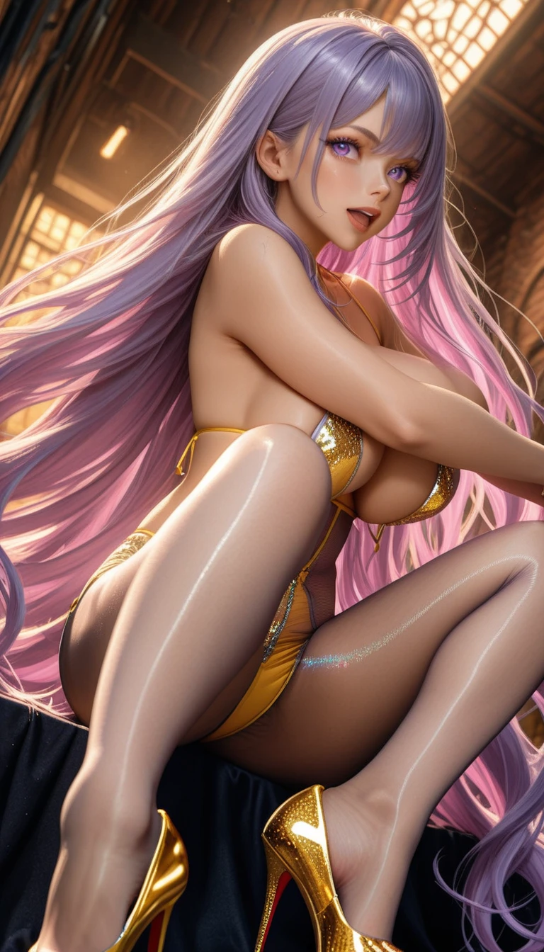 M-shaped white-haired woman, open legs, squatting, camel-like legs, Moriman, taken from below low angle, glaring, upper body, large breasts, slender body, delicate body, light clothing, cutting panties
