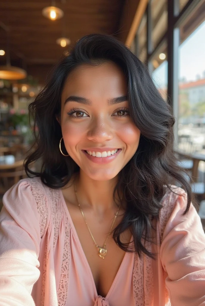 A indian girl with open silky hair and big breasts having coffee at starbucks giving a selfie pose  with her iphone14pro, show same girl with multiple posses in different dresses.