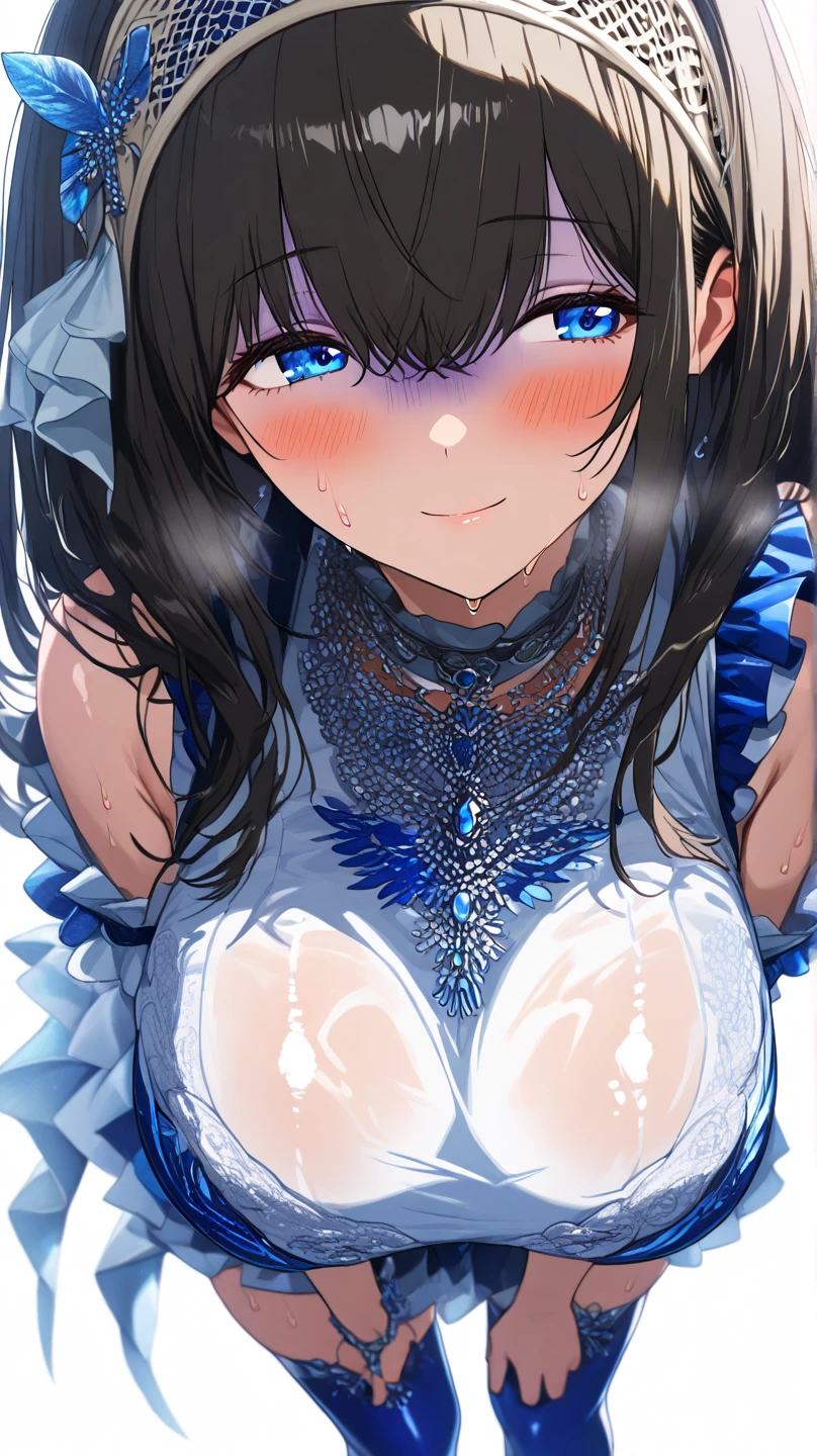 (best quality), (Super detailed), (Best Illustration), (masterpiece), score_9, score_8_up, score_7_up, (4k), (nsfw), (1woman), (full nude), (large breasts), {brown hair, (sideburns), (bob cut:1.3), curly hair, hairs between eyes, colored inner hair}, {(detailed eyes), heart-shaped pupils, blue eyes}, parted lips, embarrassed, nose blush, earring, sweat,
