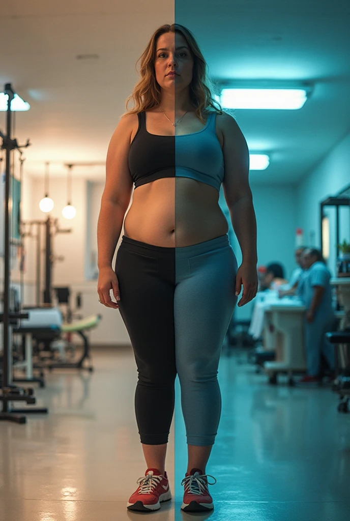 A highly realistic, almost 3D-quality image showing a woman's physical transformation from obese to a slim, fit, and happy version of herself. On the left side, the woman is overweight, has a somber expression, and is wearing casual, baggy clothing. On the right side, she appears slim, fit, and radiantly happy, wearing tight sportswear, with a confident, cheerful smile. The background should smoothly transition from dark, dull tones on the left to bright, vibrant colors on the right, symbolizing the positive change in her life. Make sure the cover is in ultra-high-definition 4K quality with a hyper-realistic style, capturing every detail of the transformation. (make sure it's the same person in both versions)