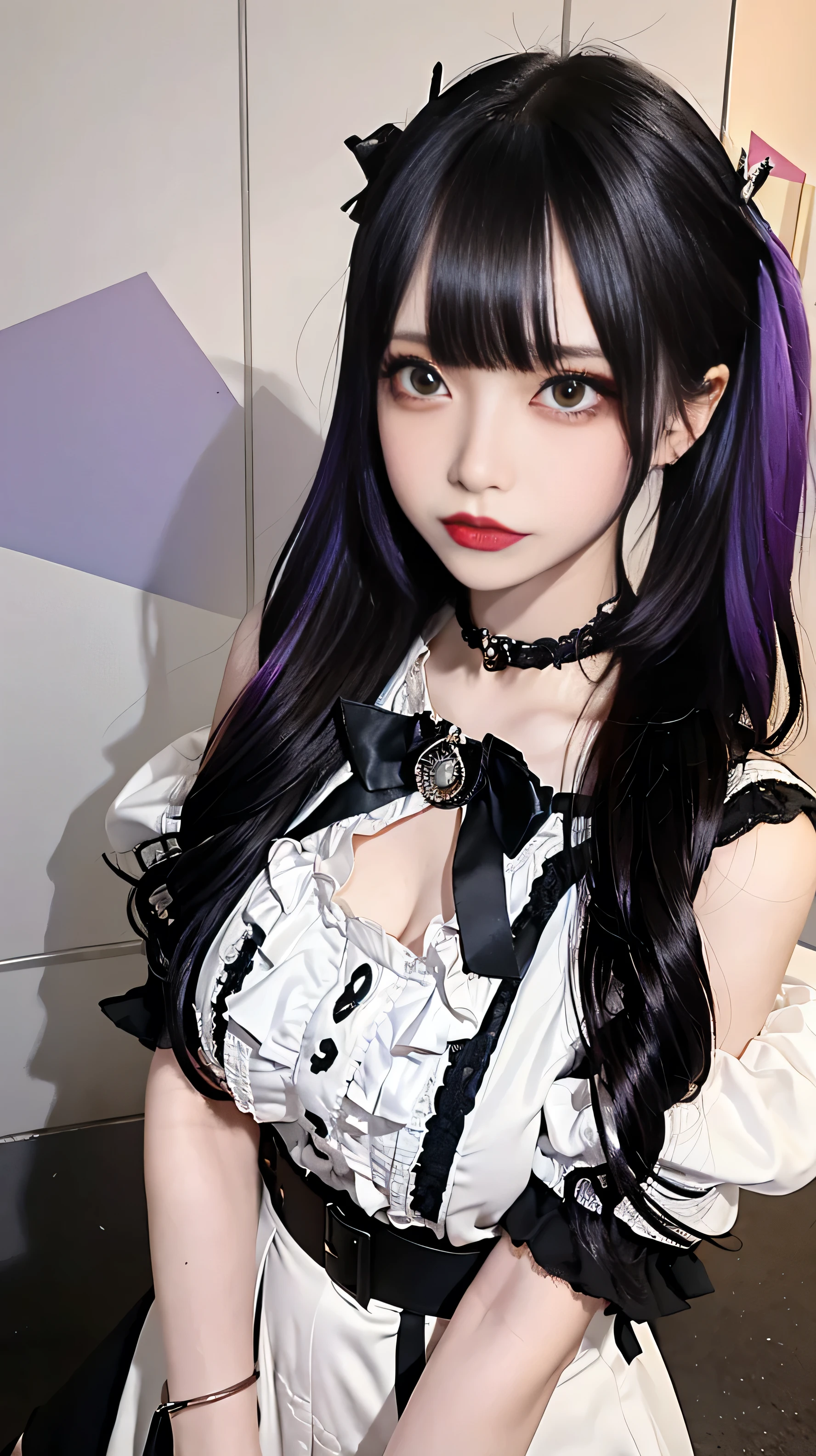 Extremely realistic and detailed image quality、Bust size 40 inchesＭcup、Super big breasts、Tight waist、A black checkered Lolita-style dress with a large open chest、Protruding areola、Deep cleavage、Purple Rouge、Black Hair、Black choker、Silver Accessories、garter belt、White ruffles on shoulderakeup that makes eyes look slanted、Eyeliner