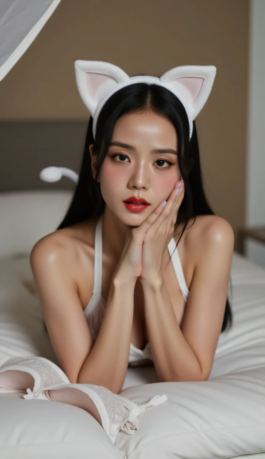 Albedo, A perfect and definitive idol that captivates everyone、Todos se enamoran de ella、A very cute female idol at 20 years old、In bed in the overwater hut of the Maldives at night、Get on your knees and lean on a big white cushion、Mirada codiciosa invitando a un hombre、Hermoso mar nocturno de Maldivas desde la pared de cristal al lado de la cama、La luz de la luna se refleja en el mar、Very erotic and seductive lace lingerie、Preciosos pendientes y collares、brown-hair、Cabello despeinado、cabello intrincado、9Figura perfecta de cabeza y cuerpo、perfect body line、 Figura delgada、Beautiful little pointed breasts、hermosas protuberancias en el pecho、Enfatizar el escote、Toma RAW、photorealistic cinematic render、Renderizado hiperrealista、Toma de retrato、Renderizado nocturno、Fotos cohesivas en general、Texturas de piel realistas、Alta calidad、Alto detalle、highest qualityr、high resolusion、HDR 8K、Trazado de rayos、Canon, NSFW