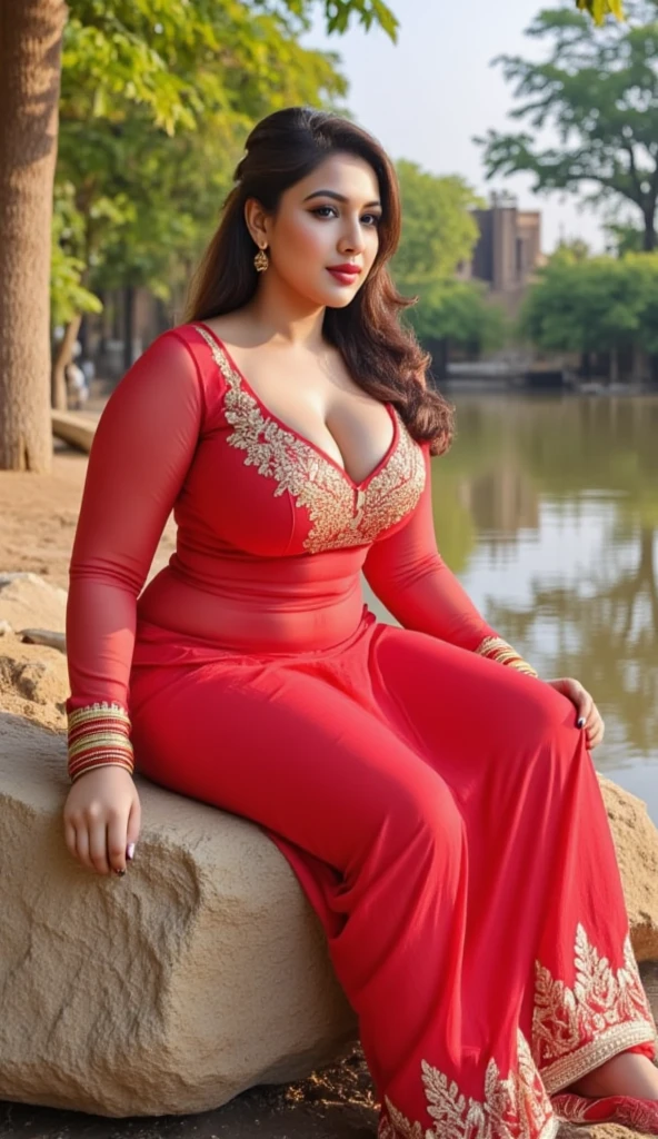 {Ultra HD, 4K, HDR, 8K, close up}, ((Rich married woman in the nature stream, heavenly goddess, BBW, voluptuous, SSBBW, thick, age 35, light smirk, wearing sari, sleeveless, looking like Mom)), (((long straight ponytail hairs with red flower equipped, red lips, clear big eyes, raised eyebrows, pink cheeks, heavy makeup, red clothes, red nails))), ((h