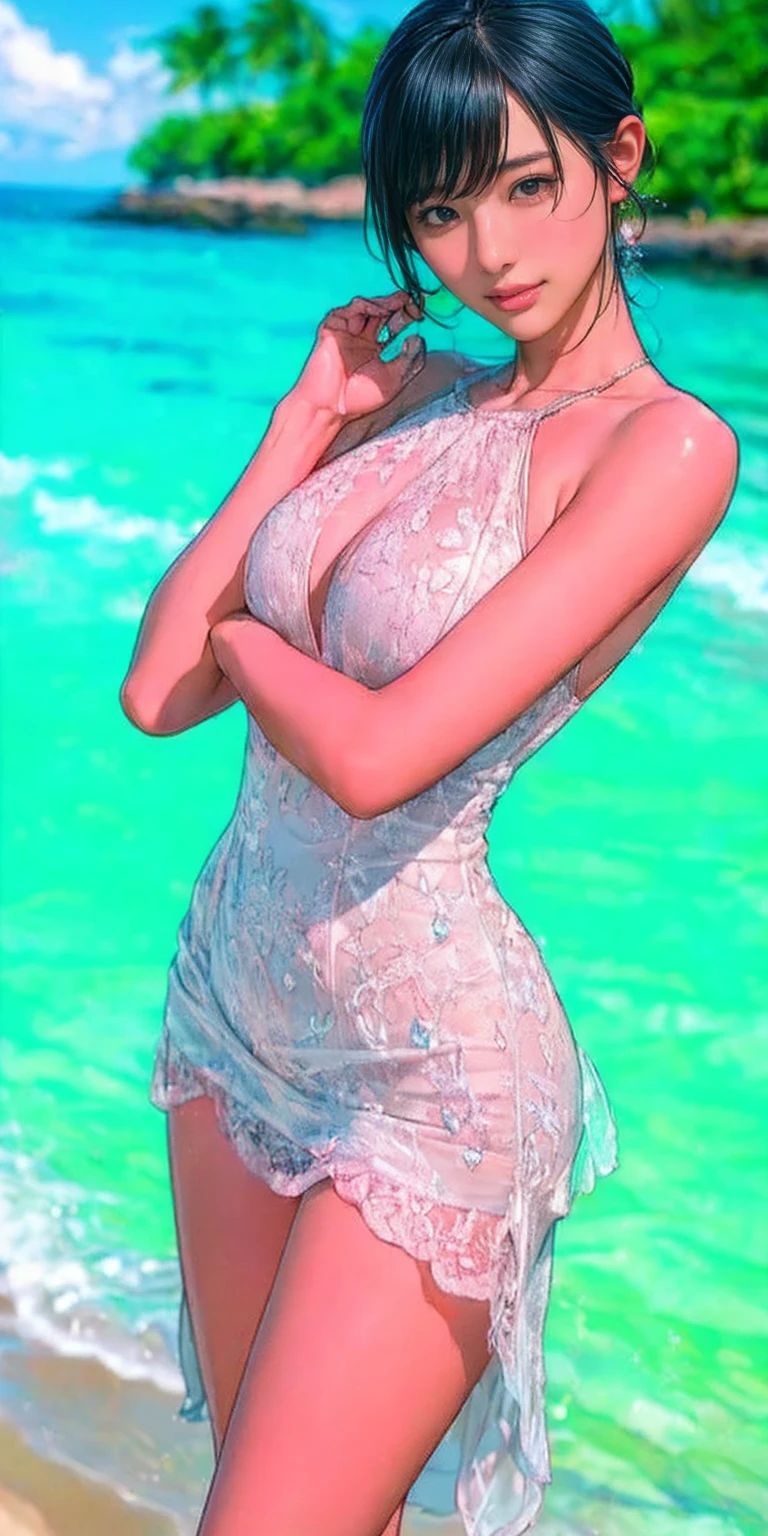 Beautyfull white British girl ever wearing sari,white hair, inside beach,wet body, wet hair, wet clothes, raining outside, standing on rain,streets background, big boobs, cleavage,[walking on street]