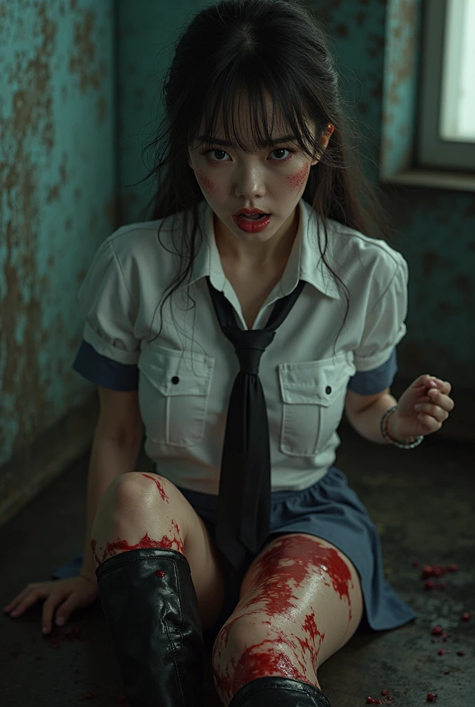 (32K:1.9, Horror expression:1.9, Highest quality, masterpiece, Ultra-high resolution), Professional random camera work, Perfect dynamic composition, Highly detailed skin and facial textures, Detailed eyes, Detailed limbs, (The Darkest Dungeon:1.3), cute, Sexy and slim Japanese woman:1.2, Fair skin, Tilt your head, (5 Zombies:1.7, Zombie touching a woman:2.0, Raindrops falling from the ceiling:1.5), (Busty and bursting, areola is not visible, Big cleavage, A look of despair:1.3, Expression of despair:1.3, Totally captivates you, Torn pure white sailor uniform:1.5), Beautiful Blue Eyes, Beautiful erotic eyes, Sexy Face, blush, Beautiful sensual atmosphere, ((Bloody:2.0, Covered in bruises:2.0, Bruises on the face:2.0, Lots of big chains:1.9, Crucified:1.9, Countless chains tangled in clothes:1.9, The right arm is attached to the cross:1.9, The left arm is attached to the cross:1.9, Both hands are chained、Tied tightly to the cross, The right leg is bound with a shackle and chain:1.9, The left leg is bound with a shackle and chain:1.9)), (Too erotic)