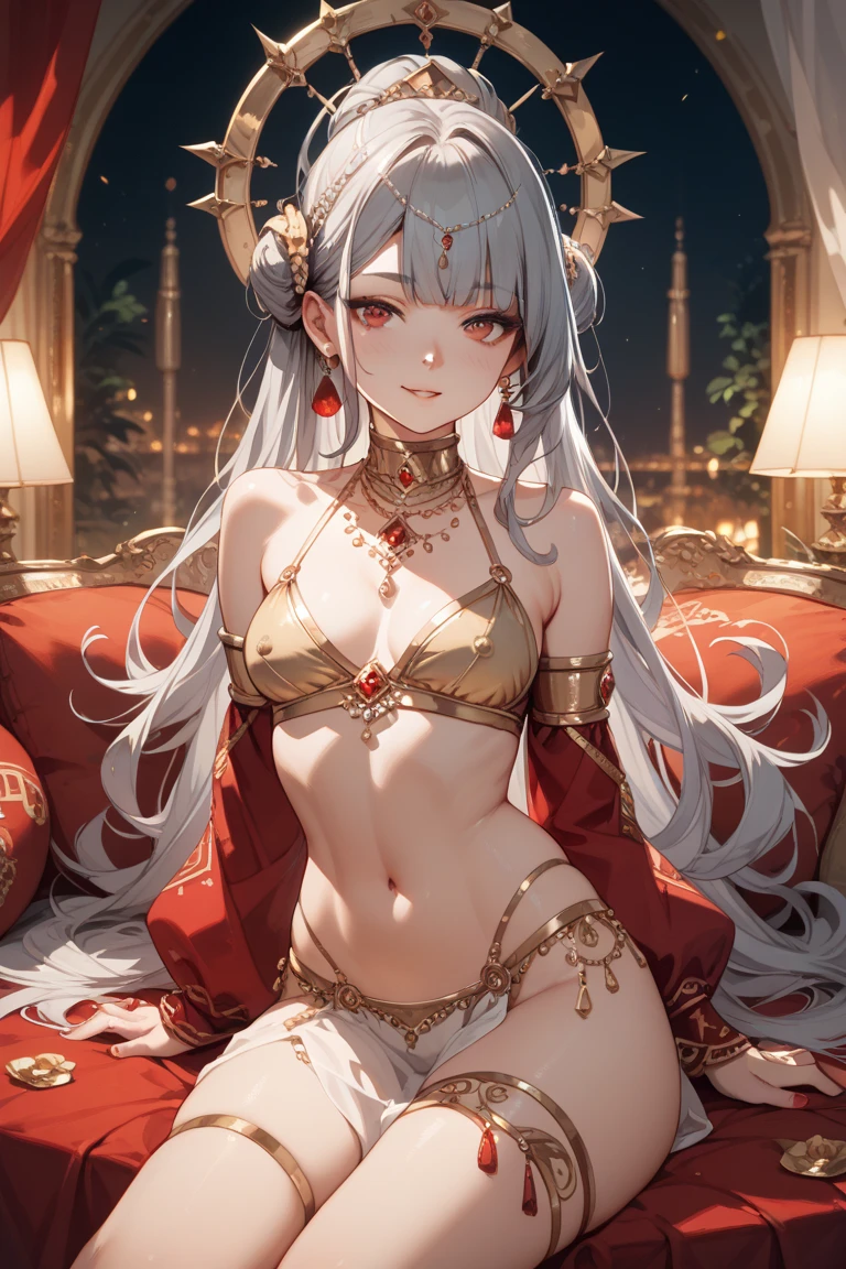 NSFW,masterpiece,Highest quality,High resolution,Very detailed,Girl,Silver Hair,long hair,Golden Eyes,Small breasts,Short height,goddess,A dazzling silk long dress,gem,Decoration,Temple of the Night,altar,Your sleeping quarters,Starry Sky,Ancient,Seduce,Sexy pose,Lying down